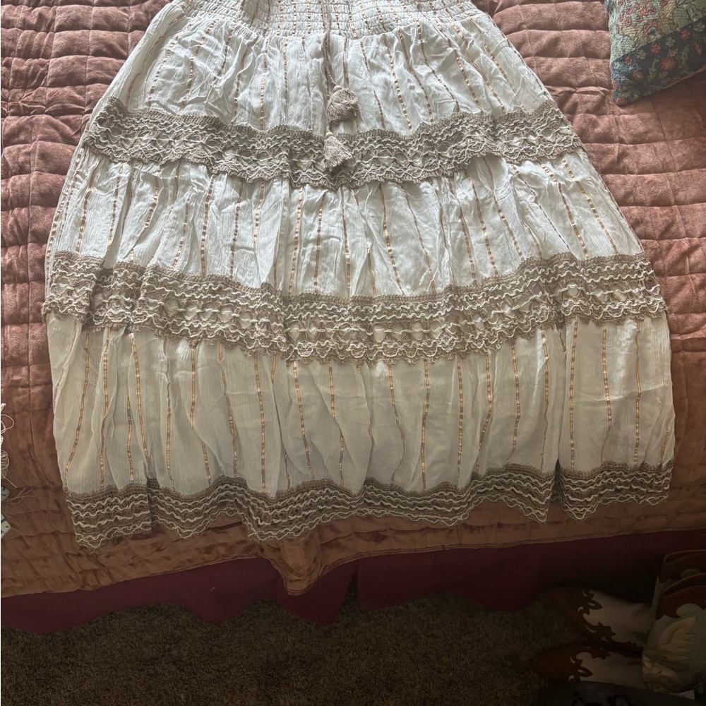Bohemian Lace Trim Skirt - Cream and Brown